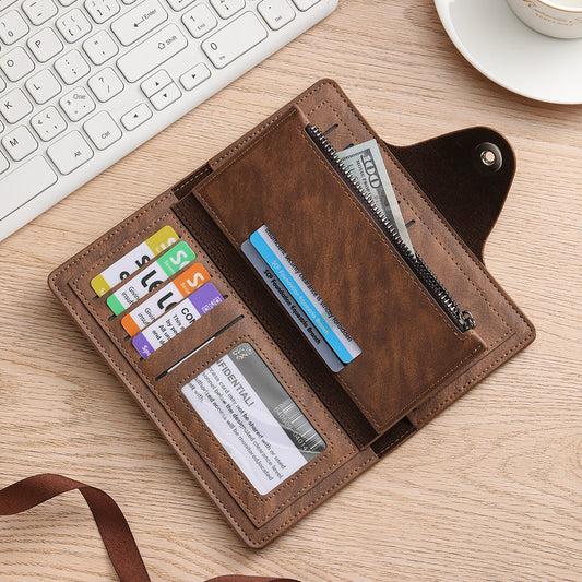 Black Vintage Men's Long Wallet Slim PU Leather Clutch with Multi Card Slots and External Zipper Pocket, Large Capacity Fashion Purse for Daily Use