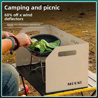khaki Heavy-Duty 4-Fold Camping Stove Windshield Portable Steel Wind Deflector for Outdoor Cooking and Picnics with Storage Bag