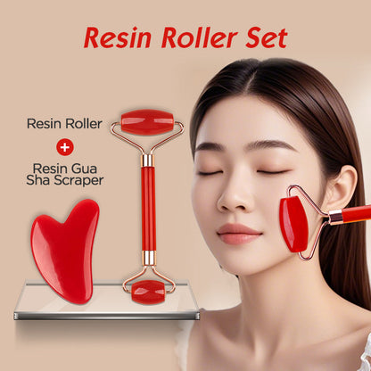 Pink Dual-Head Resin Facial Roller and Heart-Shaped Gua Sha Set for Home SPA Skincare and Face Neck Massage