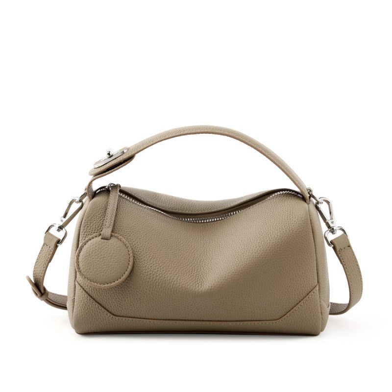 Grey Women Genuine First Layer Cowhide Boston Bag Fashionable Handheld Crossbody Shoulder Bag with 115cm Adjustable Strap