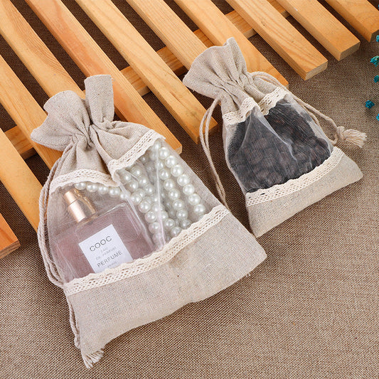 White 10 Pack Linen Canvas Drawstring Gift Bags with Lace Trim and Mesh Window 10x14cm Elegant Pouches for Jewelry Wedding Favours and Sachets
