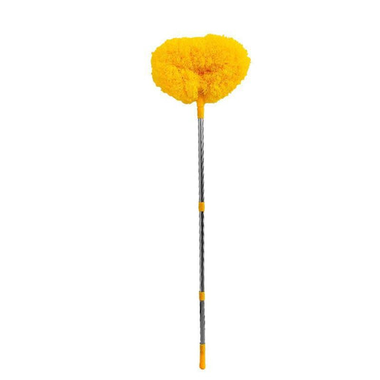 Yellow Long Handle Ceiling Fan Duster with Hollow Microfiber Head and Extendable Stainless Steel Pole for High Reach Home Cleaning Efficiency.