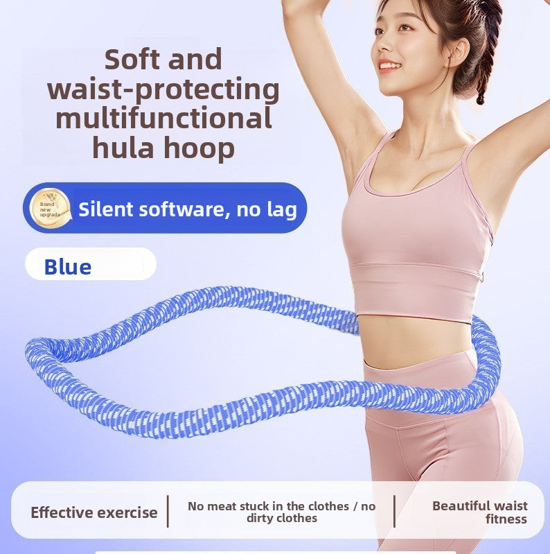 Blue Weighted Soft Spring Hula Hoop with Silent Alloy Interior and Polyester Wrap for Home Gym Full Body Fitness and Abdominal Training Solution.