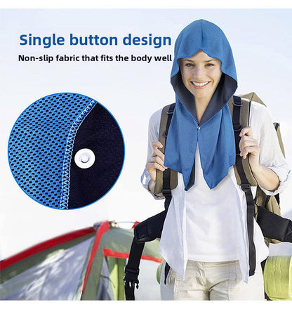Navy blue Instant Cooling Hooded Towel U-Shaped Sun Protection Quick Dry Scarf with Carabiner Pouch for Local Outdoor Sports and Gym Workouts