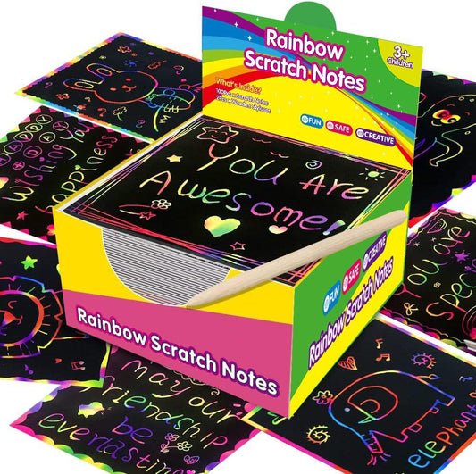 Green Rainbow Scratch Art Paper Notes 200 Sheets 2 Pack with Wooden Styluses for Kids DIY Drawing Mess-Free Creative Toy for Local Home and School Activities.