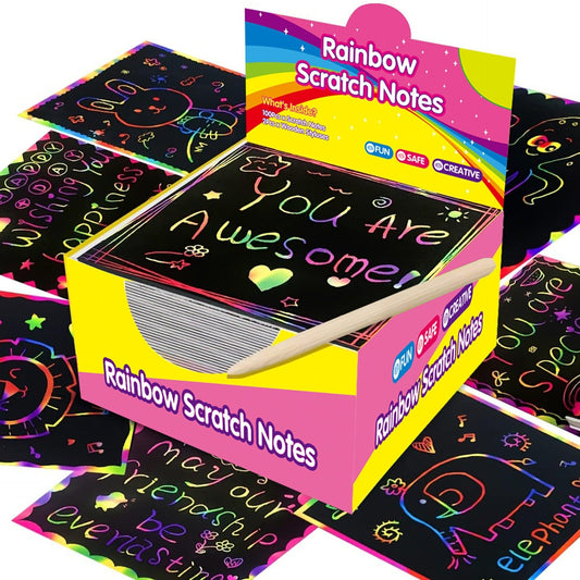 Red Rainbow Scratch Art Paper Notes 200 Sheets 2 Pack with Wooden Styluses for Kids DIY Drawing Mess-Free Creative Toy for Local Home and School Activities.