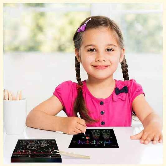 Red Rainbow Scratch Art Paper Notes 200 Sheets 2 Pack with Wooden Styluses for Kids DIY Drawing Mess-Free Creative Toy for Local Home and School Activities.