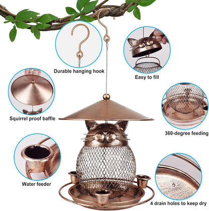 Fine mesh strainer + 3 water cups + lids Whimsical Cat Shaped Metal Bird Feeder Hanging Mesh Wild Bird Seed Holder for Garden Courtyard Decorative Feeding Solution for Local Wildlife Lovers
