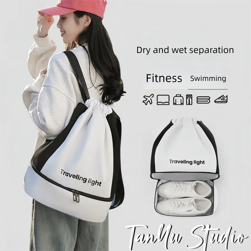White Waterproof Drawstring Swimming Backpack with Wet Dry Separation and Shoe Compartment for Gym and Yoga Organized Gear Bag for Local Active Lifestyles