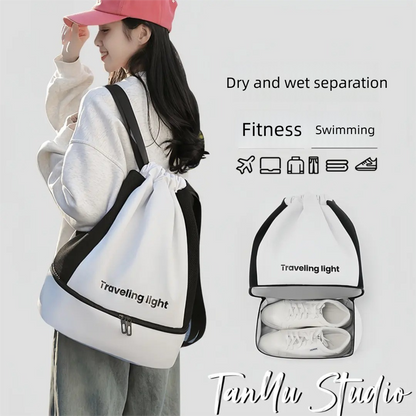 White Waterproof Drawstring Swimming Backpack with Wet Dry Separation and Shoe Compartment for Gym and Yoga Organized Gear Bag for Local Active Lifestyles