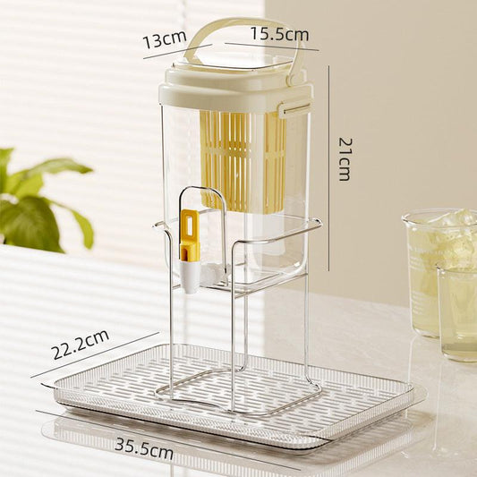 Yellow Refrigerator Beverage Dispenser with Faucet and Plastic Fruit Filter 3.5L Cold Water Jug includes Metal Stand and Drip Tray Portable Drink Solution for Local Home Use.