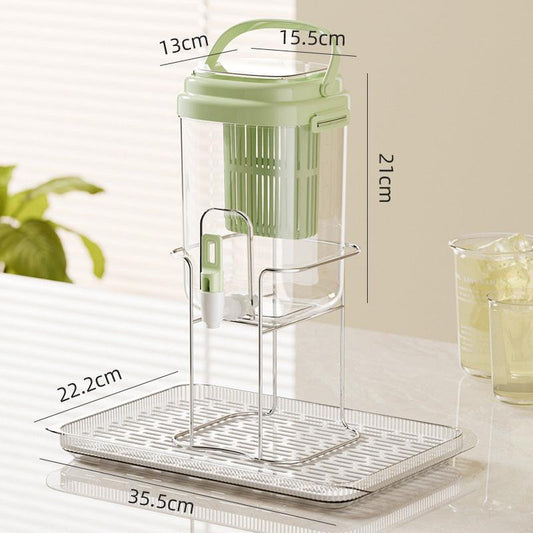 Green Refrigerator Beverage Dispenser with Faucet and Plastic Fruit Filter 3.5L Cold Water Jug includes Metal Stand and Drip Tray Portable Drink Solution for Local Home Use.