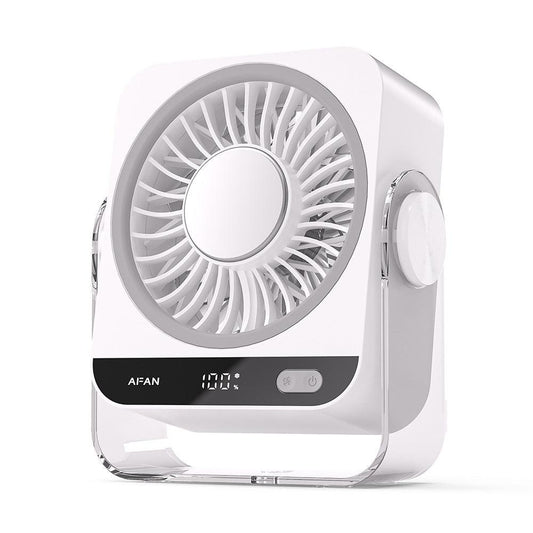 White Portable Semiconductor Cooling Desk Fan USB Type-C Rechargeable 5 Speeds Digital Display Silent Operation Wall-Mountable Air Circulator for Local Home and Office Spaces.