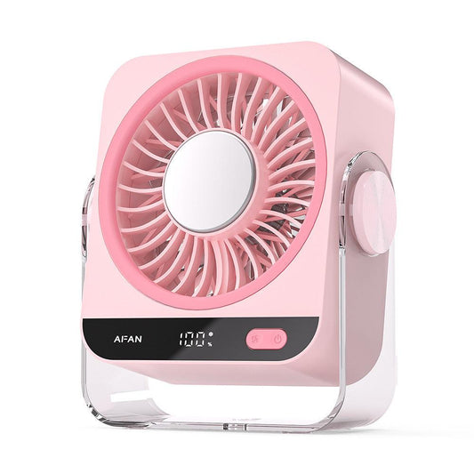 Pink Portable Semiconductor Cooling Desk Fan USB Type-C Rechargeable 5 Speeds Digital Display Silent Operation Wall-Mountable Air Circulator for Local Home and Office Spaces.