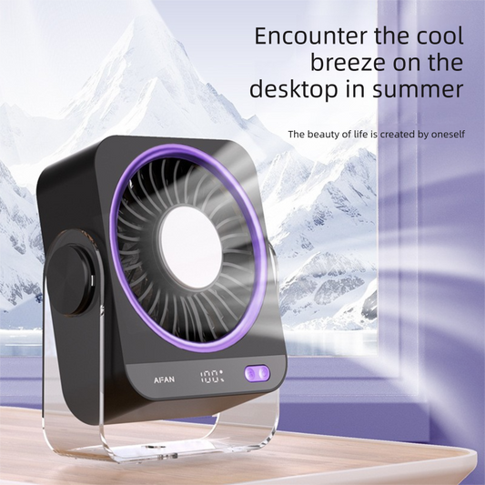 Pink Portable Semiconductor Cooling Desk Fan USB Type-C Rechargeable 5 Speeds Digital Display Silent Operation Wall-Mountable Air Circulator for Local Home and Office Spaces.