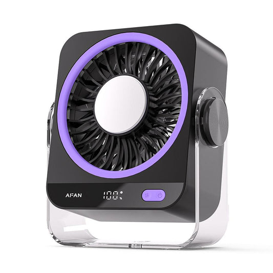 Grey Portable Semiconductor Cooling Desk Fan USB Type-C Rechargeable 5 Speeds Digital Display Silent Operation Wall-Mountable Air Circulator for Local Home and Office Spaces.