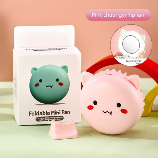 Pink 3-in-1 Mini Portable Fan with Makeup Mirror and LED Fill Light USB Rechargeable Pocket Sized Cooling Solution for Students and Local Professionals.