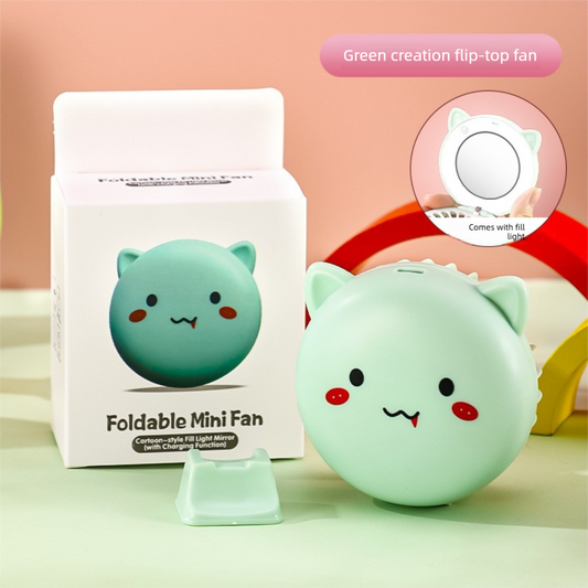 Green 3-in-1 Mini Portable Fan with Makeup Mirror and LED Fill Light USB Rechargeable Pocket Sized Cooling Solution for Students and Local Professionals.