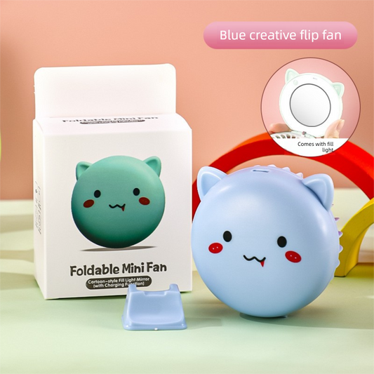 Blue 3-in-1 Mini Portable Fan with Makeup Mirror and LED Fill Light USB Rechargeable Pocket Sized Cooling Solution for Students and Local Professionals.