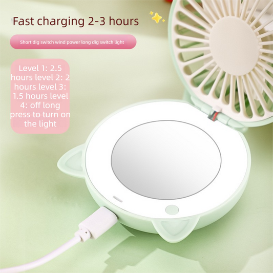 Blue 3-in-1 Mini Portable Fan with Makeup Mirror and LED Fill Light USB Rechargeable Pocket Sized Cooling Solution for Students and Local Professionals.