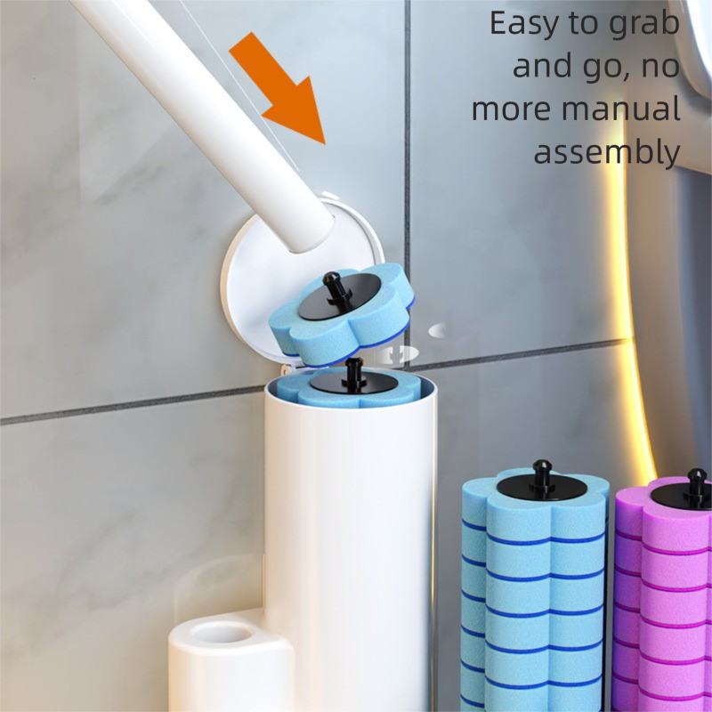 Grey Disposable Toilet Brush Set with Built-in Cleaner – Wall-Mountable, No-Drill Bathroom Cleaning Kit with Replaceable Heads(5 ocean-cleaning cotton pads)