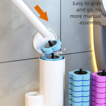 Grey Disposable Toilet Brush Set with Built-in Cleaner – Wall-Mountable, No-Drill Bathroom Cleaning Kit with Replaceable Heads(5 ocean-cleaning cotton pads)