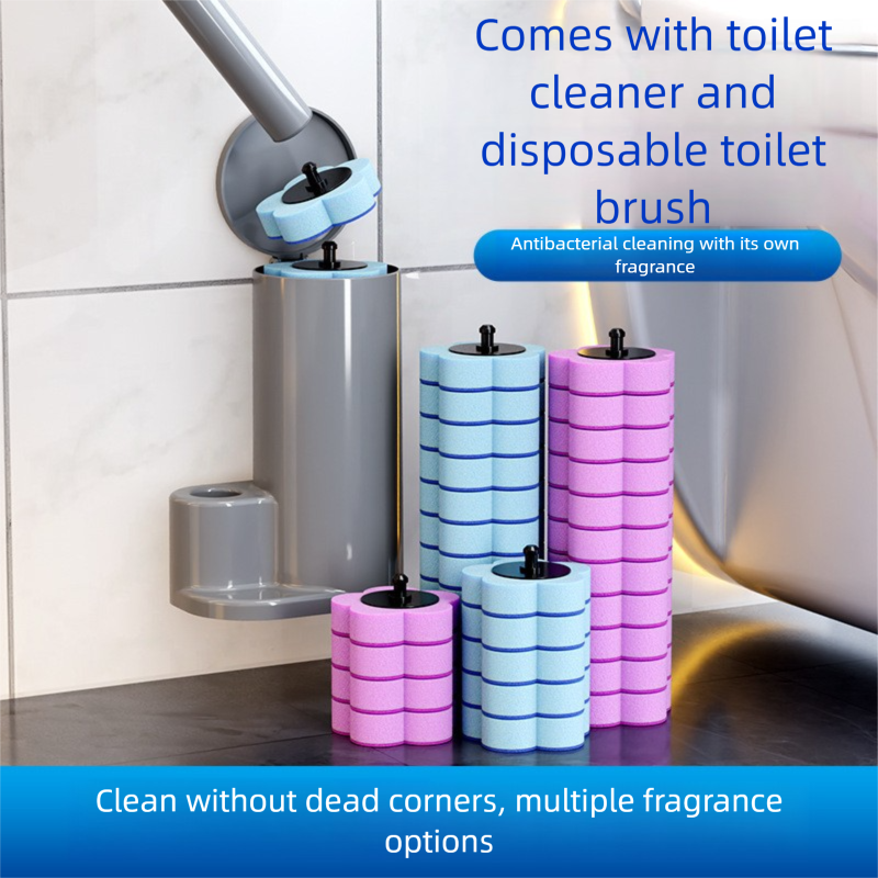Grey Disposable Toilet Brush Set with Built-in Cleaner – Wall-Mountable, No-Drill Bathroom Cleaning Kit with Replaceable Heads(5 ocean-cleaning cotton pads)