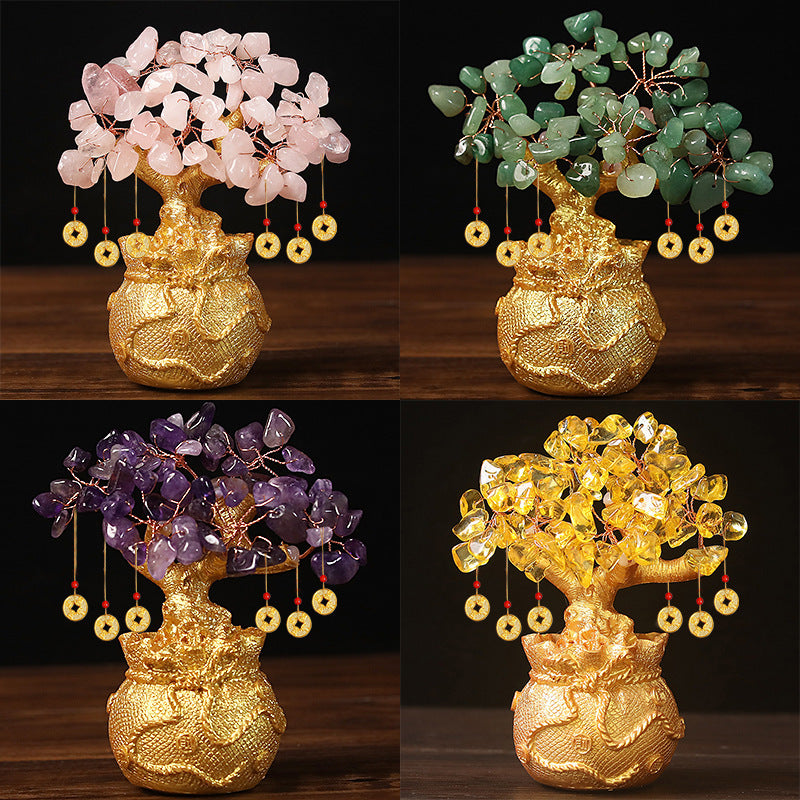 Green Handcrafted Crystal Tree Ornament – Resin Money Bag Base with Hanging Coin Charms for Home & Office Decor