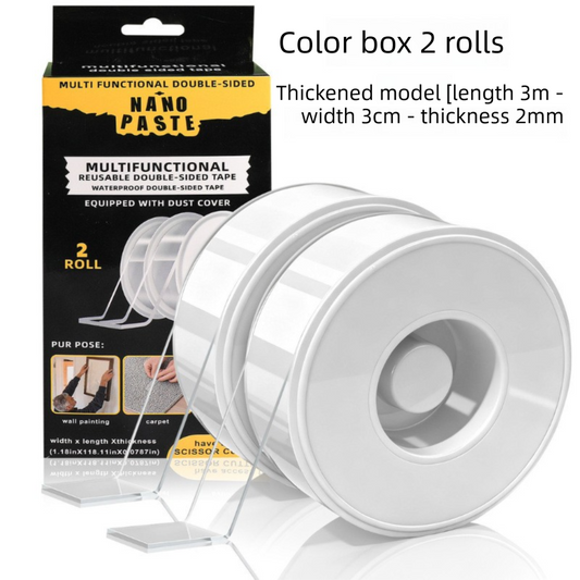 Multifunctional Reusable Nano Double-Sided Tape 2 Rolls with Dust Covers Heavy Duty Mounting Solution for Local Home and Office Organization.
