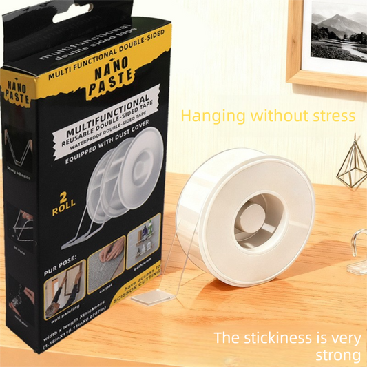 Multifunctional Reusable Nano Double-Sided Tape 2 Rolls with Dust Covers Heavy Duty Mounting Solution for Local Home and Office Organization.