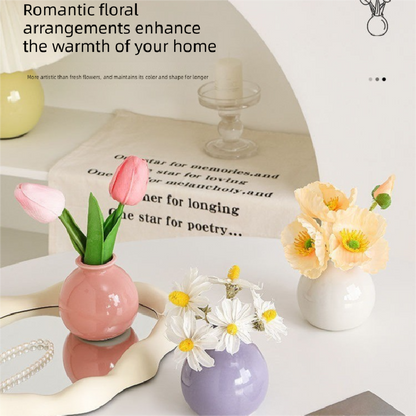 Ceramic Vase with camellia bud Artificial Flowers Set – Mini Decorative Pot for Home Living Room or Desk Display