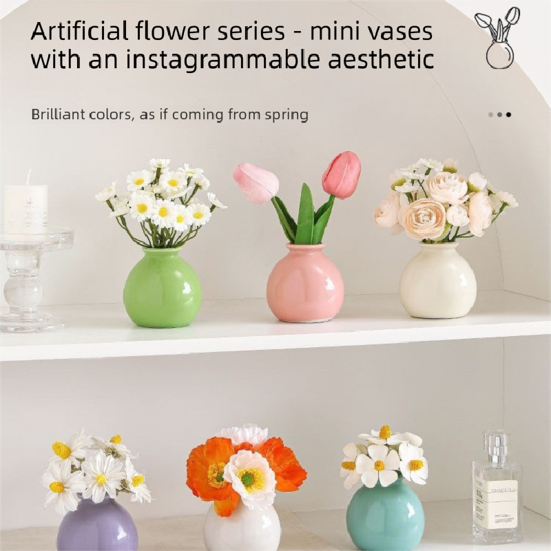 Ceramic Vase with camellia bud Artificial Flowers Set – Mini Decorative Pot for Home Living Room or Desk Display