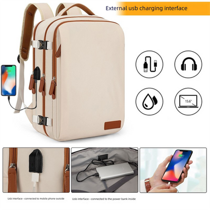 Beige Large Capacity Backpack with USB Charging Port and Waterproof Fabric for Travel Work and Daily Use