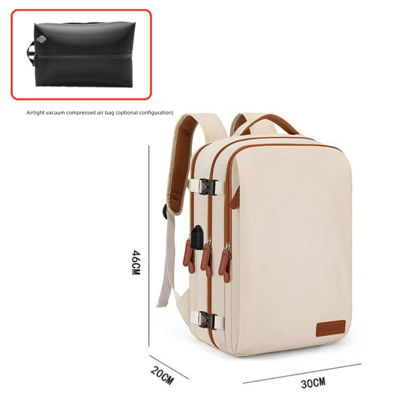 Beige Large Capacity Backpack with USB Charging Port and Waterproof Fabric for Travel Work and Daily Use