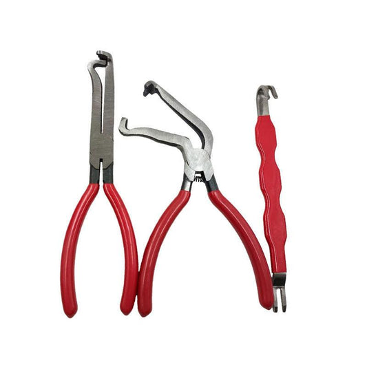 Red 3 Piece Automotive Wire Connector Removal Tool Set with Straight Bent and Dual End Pliers for Electrical Harness Disassembly.