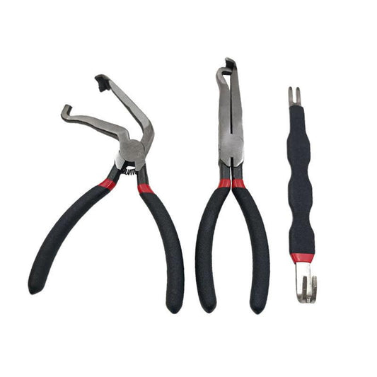 Black 3 Piece Automotive Wire Connector Removal Tool Set with Straight Bent and Dual End Pliers for Electrical Harness Disassembly.