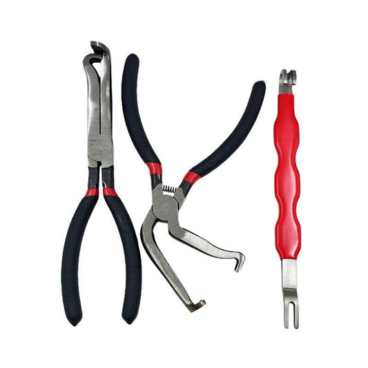 Black and red 3 Piece Automotive Wire Connector Removal Tool Set with Straight Bent and Dual End Pliers for Electrical Harness Disassembly.