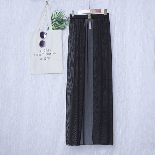Black High-Waisted White Swim Skirt with Gold Buckle Belt – Elegant Long Beach Cover-Up for Women, Ideal for Poolside and Tropical Vacations(Size: M)