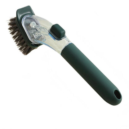 Dark green Long-Handled Liquid Dispensing Pot Scrubber – Multi-Use Kitchen Cleaning Brush with Built-In Detergent Reservoir