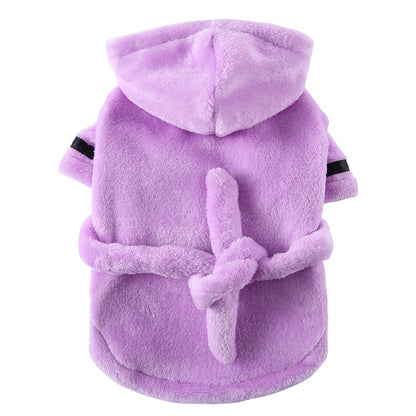 Purple Cozy Pet Bathrobe Sleepwear – Plush Fleece Dog Robe with Hood and Adjustable Waistband for Small to Medium Breeds(Size:XL)