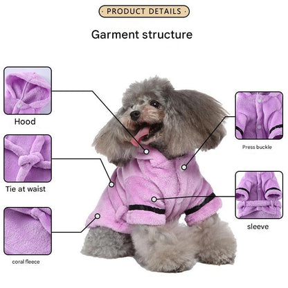 Purple Cozy Pet Bathrobe Sleepwear – Plush Fleece Dog Robe with Hood and Adjustable Waistband for Small to Medium Breeds(Size:XL)