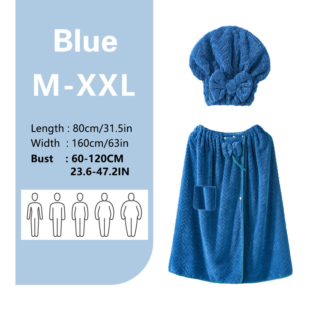 Grey Coral Fleece Bath Skirt with Matching Hair Towel – Soft Absorbent Wrap Dress for Women, Quick-Dry Shower Robe Set with Elastic Waistband and Adjustable Fit