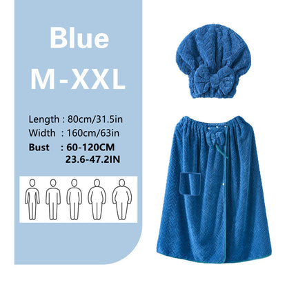 Grey Coral Fleece Bath Skirt with Matching Hair Towel – Soft Absorbent Wrap Dress for Women, Quick-Dry Shower Robe Set with Elastic Waistband and Adjustable Fit