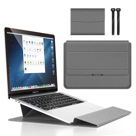 Grey 3-in-1 Laptop Sleeve with Built-In Stand & Wrist Rest â Waterproof PU Protective Case for 13/14 Inch Laptops, Portable and Ergonomic Design.