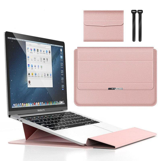 Rose gold 3-in-1 Laptop Sleeve with Built-In Stand & Wrist Rest â Waterproof PU Protective Case for 13/14 Inch Laptops, Portable and Ergonomic Design.