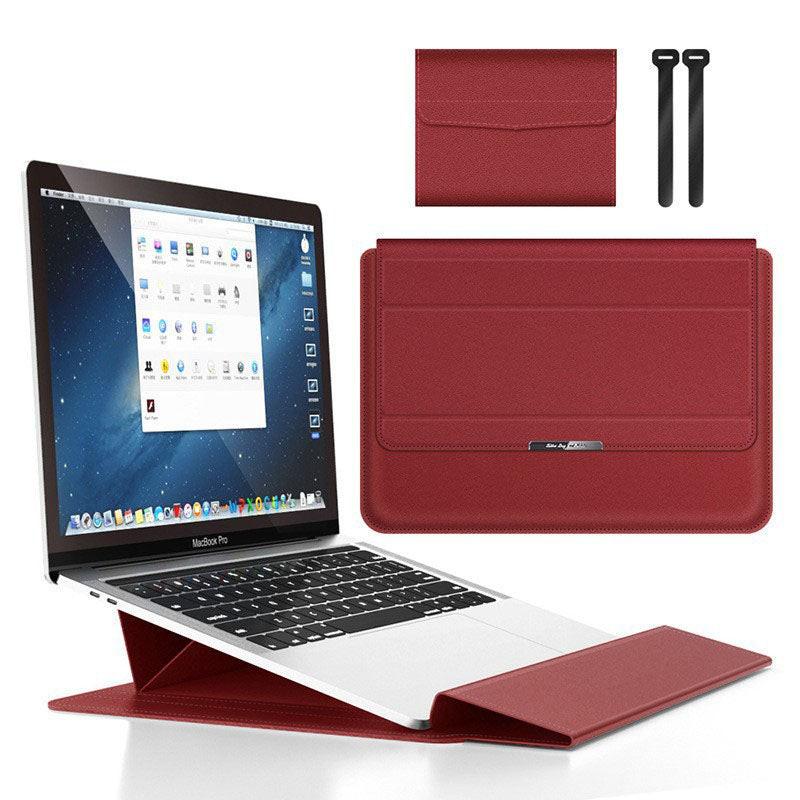 Red 3-in-1 Laptop Sleeve with Built-In Stand & Wrist Rest â Waterproof PU Protective Case for 13/14 Inch Laptops, Portable and Ergonomic Design.
