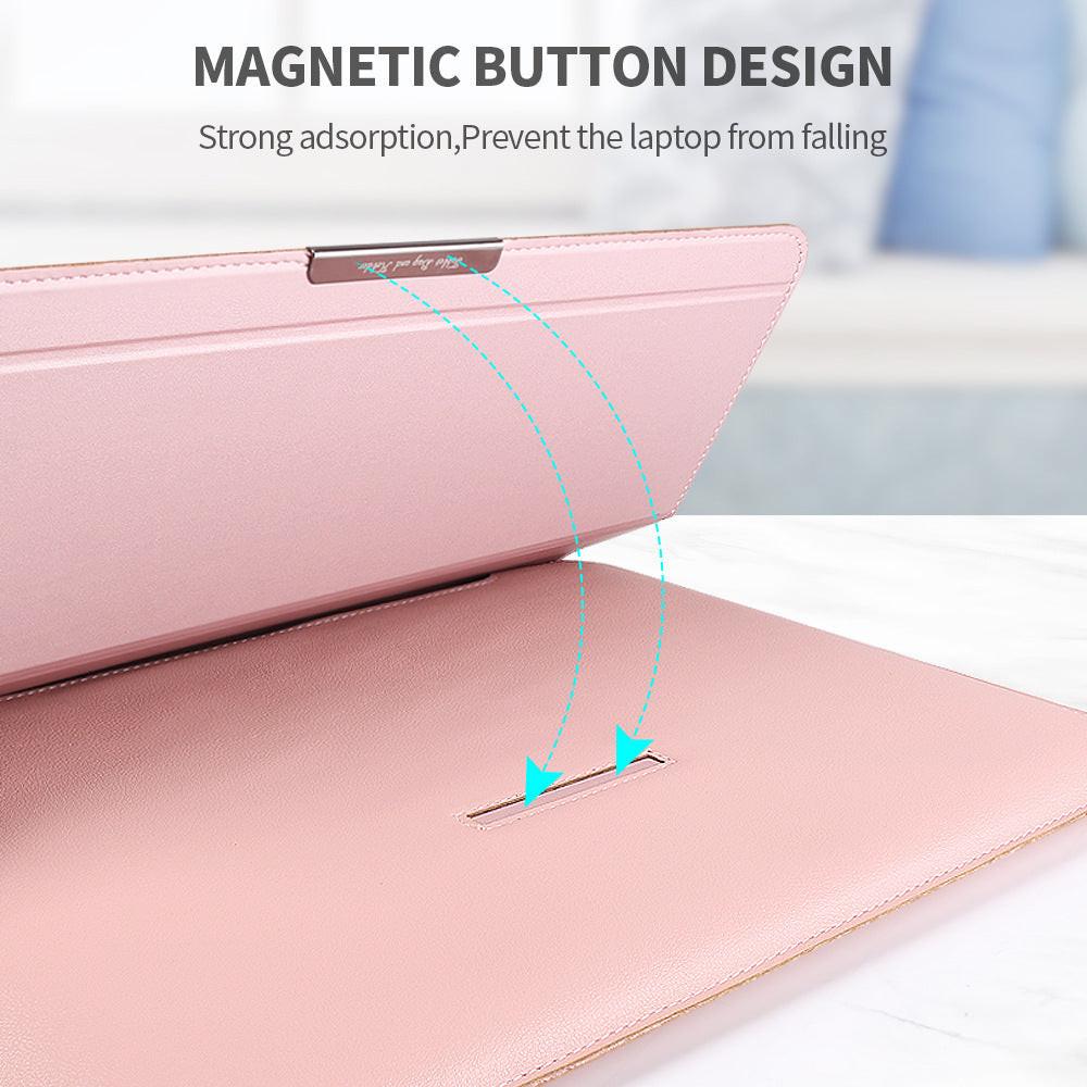 Red 3-in-1 Laptop Sleeve with Built-In Stand & Wrist Rest â Waterproof PU Protective Case for 13/14 Inch Laptops, Portable and Ergonomic Design.