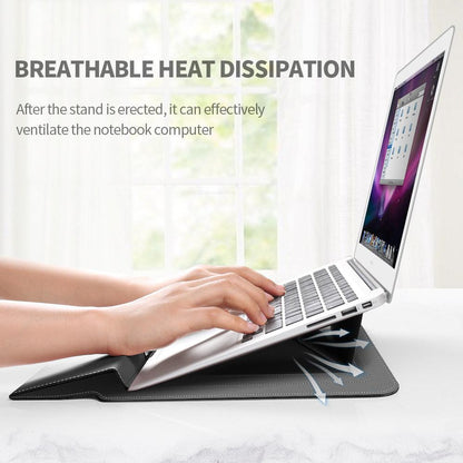 Red 3-in-1 Laptop Sleeve with Built-In Stand & Wrist Rest â Waterproof PU Protective Case for 13/14 Inch Laptops, Portable and Ergonomic Design.