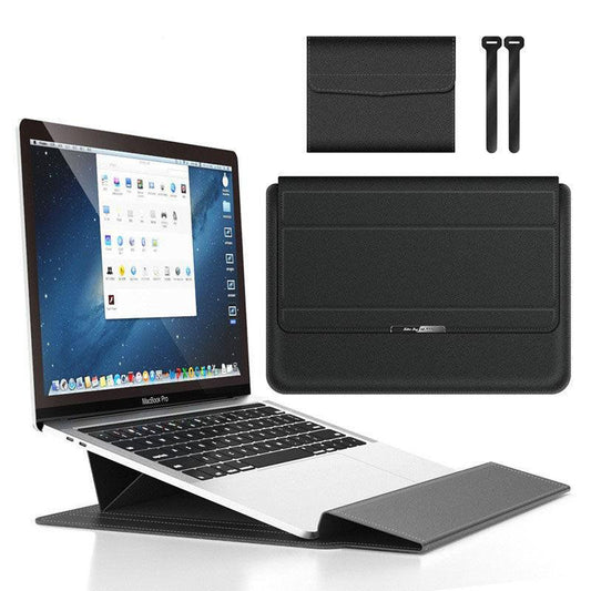 Black 3-in-1 Laptop Sleeve with Built-In Stand & Wrist Rest â Waterproof PU Protective Case for 15/16 Inch Laptops, Portable and Ergonomic Design.