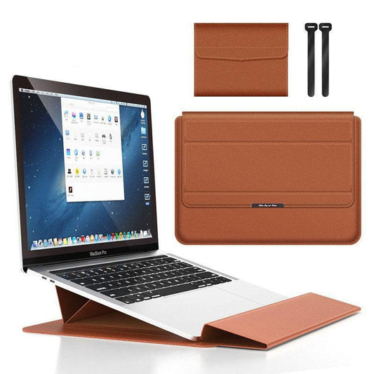 Brown 3-in-1 Laptop Sleeve with Built-In Stand & Wrist Rest â Waterproof PU Protective Case for 15/16 Inch Laptops, Portable and Ergonomic Design.